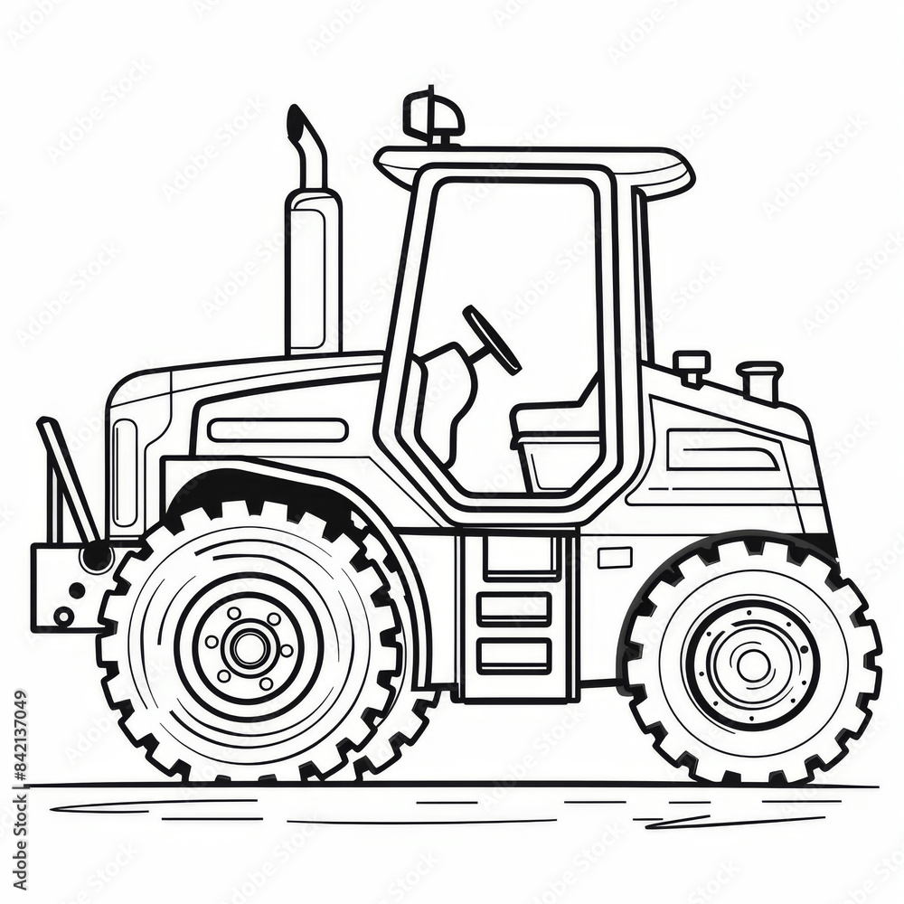 Naklejka premium Black and white cartoon drawing of an agricultural tractor with large wheels and a detailed cabin, used in farming.