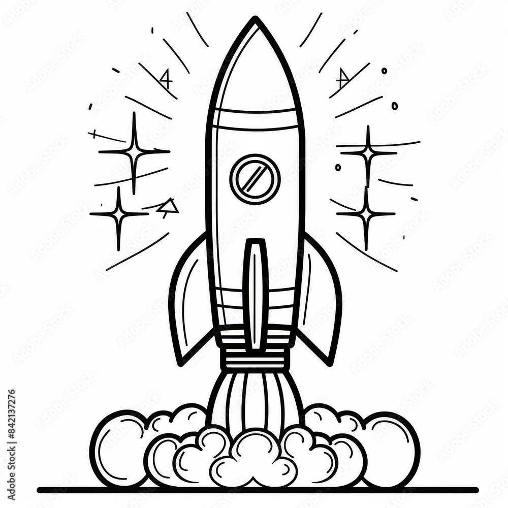 Black and white line drawing of a rocket ship with sparkles and detailed contours. Black and white line drawing of a rocket ship with sparkles and detailed contours.