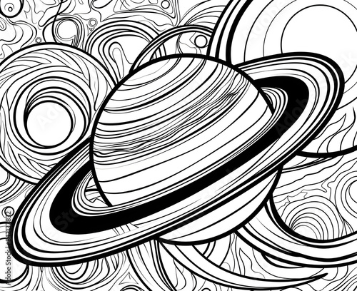 Saturn with geometric swirls and circles, black and white coloring book vector illustration for creative leisure activities