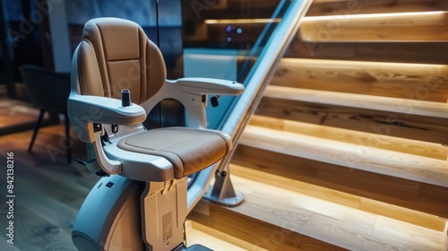 Modern stairlift with a luxurious beige leather seat installed on a wooden staircase, illuminated by ambient lighting.