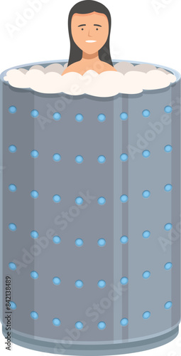 Young woman is taking a cryotherapy session, standing in a cryotherapy machine