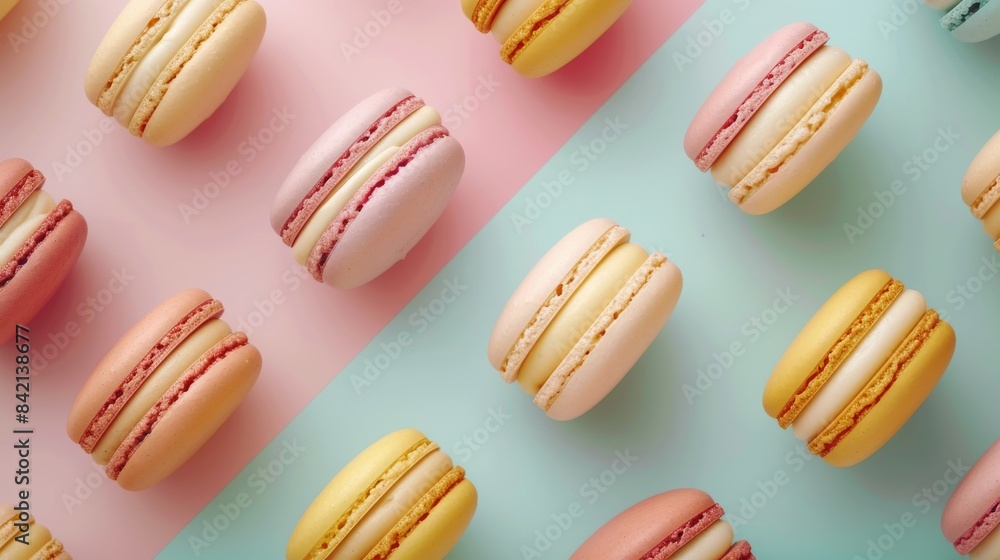 Colorful macarons on pastel backgrounds, top view. Dessert and confectionery concept Colorful macarons on pastel backgrounds, top view. Dessert and confectionery concept