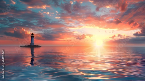 A peaceful ocean view at sunset, with a lighthouse standing tall against the colorful sky.
