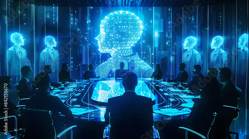  Business meeting with silhouettes of people around a table, featuring holographic human figures and digital elements. Concept of technology, business, innovation, and futuristic planning. 
