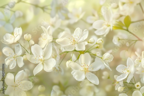 Close-up image of delicate white blossoms blooming on a branch in springtime sunlight © mattegg