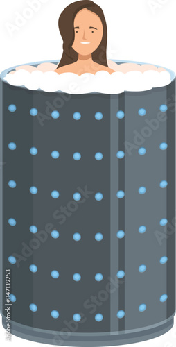 Young woman is taking a cryotherapy session, standing in a capsule filled with nitrogen vapor