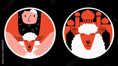 Eid Al Adha conceptual stickers with sheep, muslim man and mosque. 