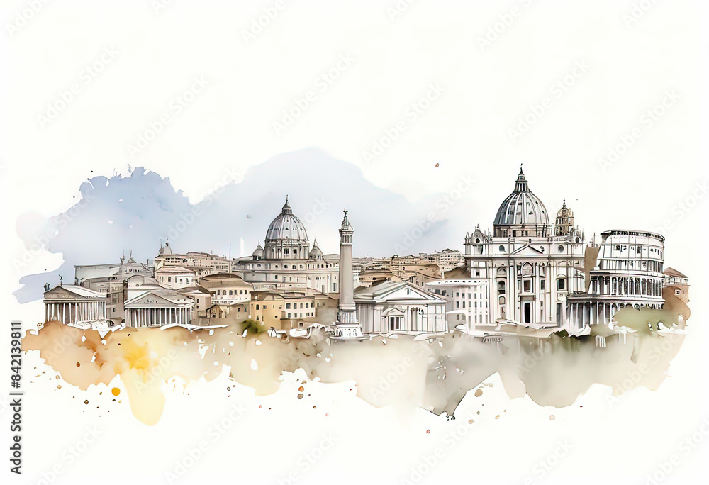 Fototapeta premium watercolor illustration, collage Rome skyline and landmarks, travel agency brochure,