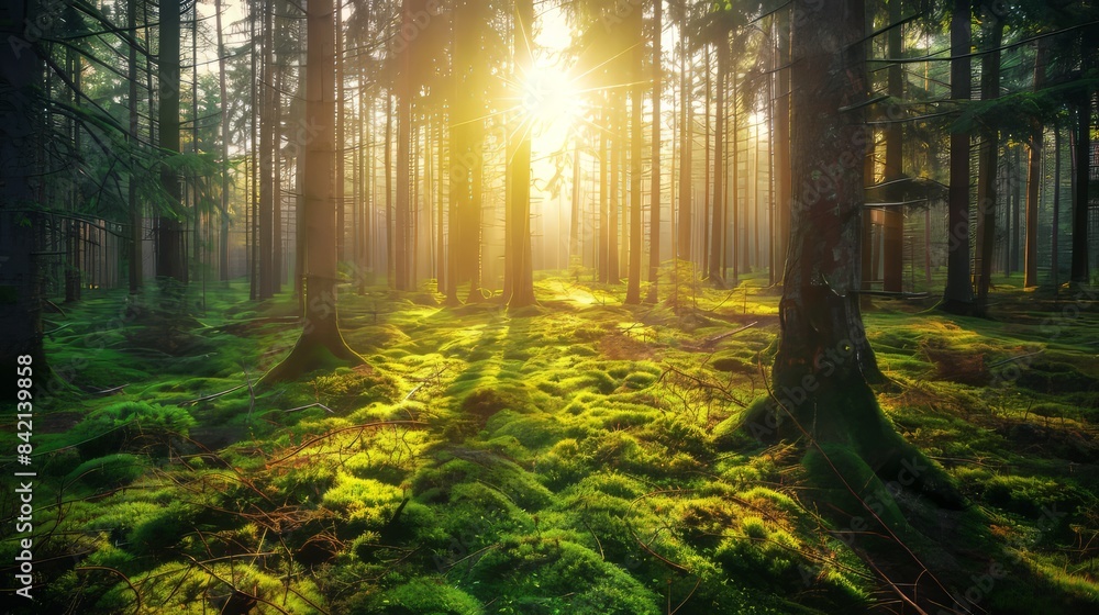 Obraz premium Pine tree forest with sunlight and mossy ground.