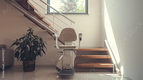 A modern stairlift with a beige seat installed on a wooden staircase in a bright, airy home interior. The design emphasizes accessibility, comfort, and a seamless blend with contemporary home decor. photo