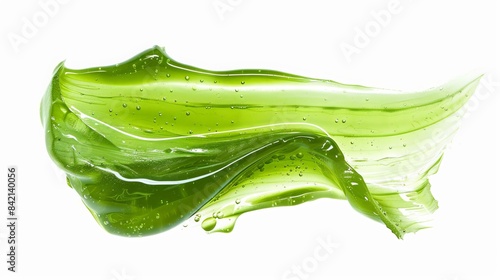 Clear, slightly green aloe vera gel smears against a white background. Its texture and thickness make it perfect for skincare and cosmetics.