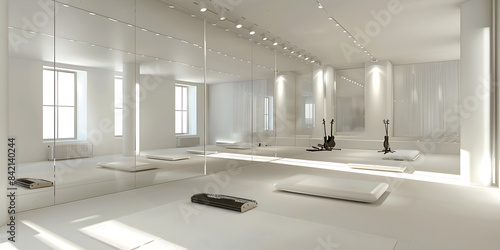 White, bright lighting, spacious space, idol practice room. wide mirror. photo