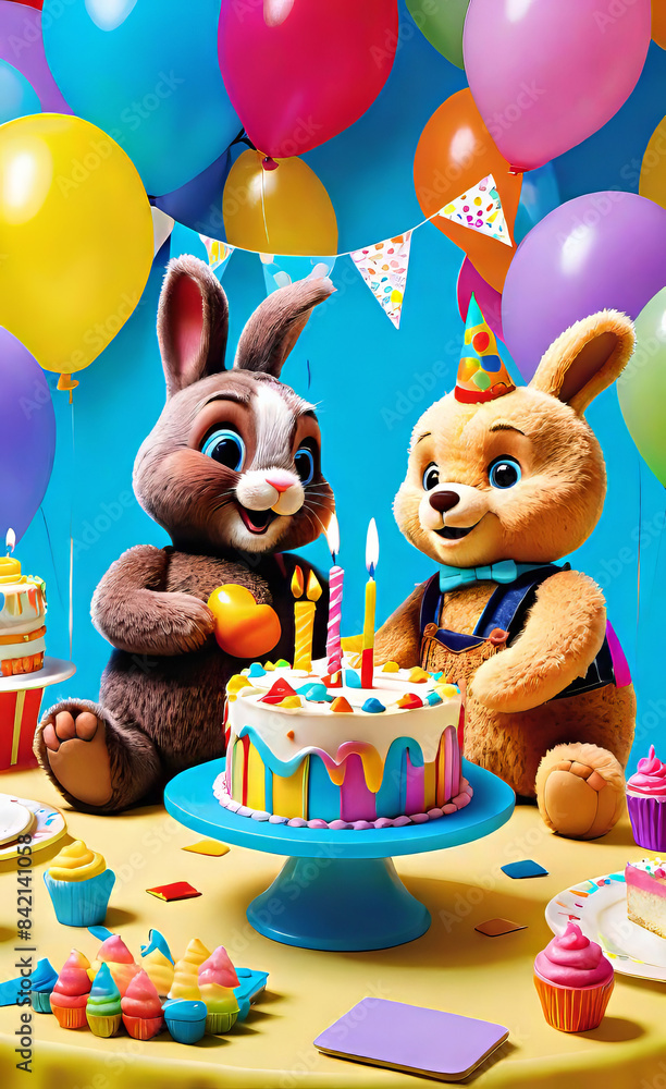 Fototapeta premium baby rabbit and teddy bear with birthday cake at a fun colorful birthday party, greeting card for children, illustration for children,