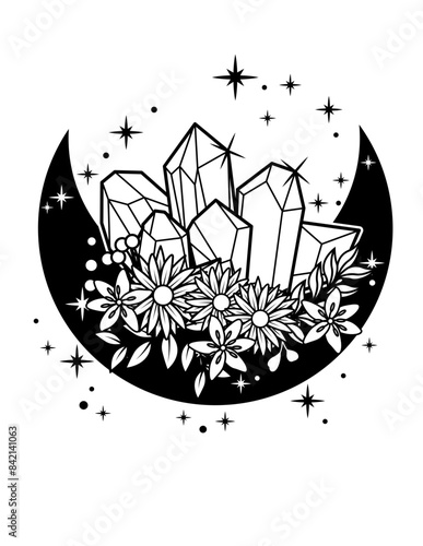 Crystal Moon Shine Florals | Celestial | Quarter Moon | Moonshine | Meteor Gems | Star | Flower Quarter | Original Illustration | Vector and Clipart | Cutfile and Stencil