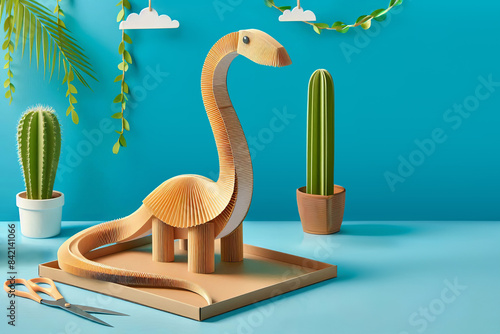 Charming paper craft dinosaur with long neck and tail. Created from disposable paper. Great project for kids, dinosaur lovers, photo