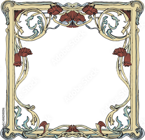 Red and gold floral frame with baroque scroll elements and leaves