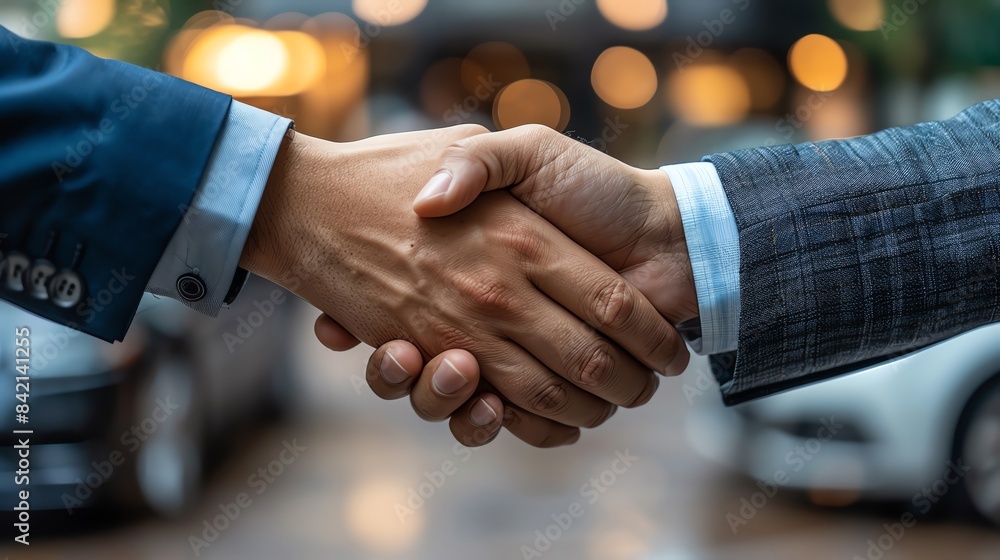 Close-up of two business professionals shaking hands, symbolizing successful partnership and teamwork in a modern urban background.