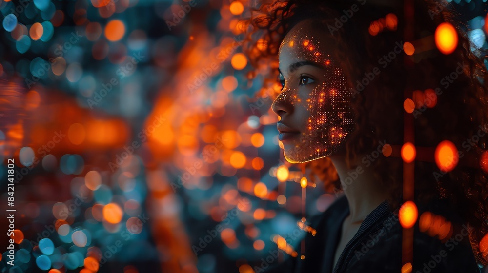 Young woman in futuristic setting with digital particles. Concept of technology, data visualization, and virtual reality.