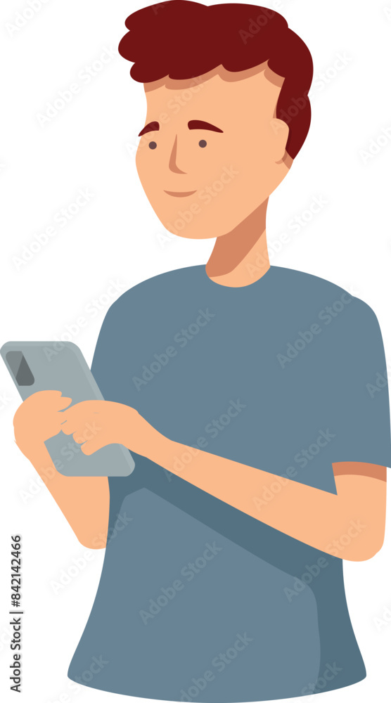 Young man holding smartphone, browsing internet, using mobile application, smiling looking away