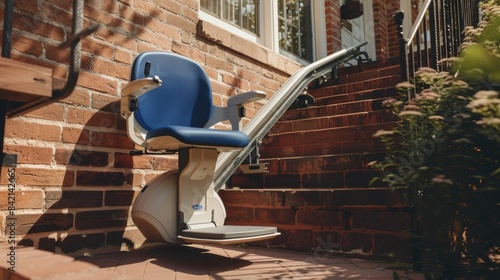 Blue-seated stairlift affixed to an exterior brick staircase, illustrating the practicality and necessity of mobility aids in various environments.