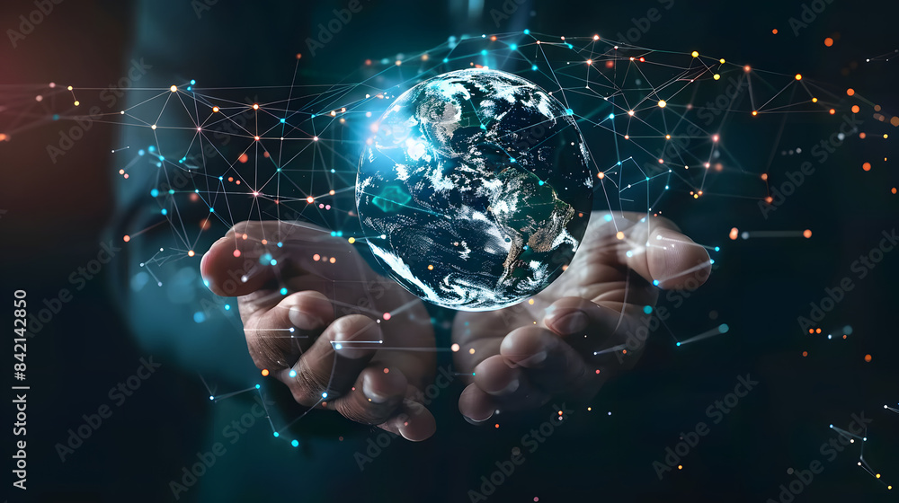 Abstract concept of the global network and connectivity. data transfer and cyber technology with hands holding an earth hologram in motion on a dark background Abstract concept of the global network and connectivity. data transfer and cyber technology with hands holding an earth hologram in motion on a dark background