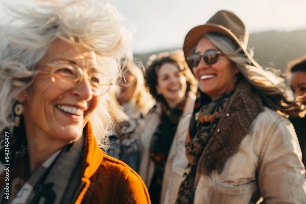 Portrait of smiling senior woman with friends in the background at the concert Portrait of smiling senior woman with friends in the background at the concert