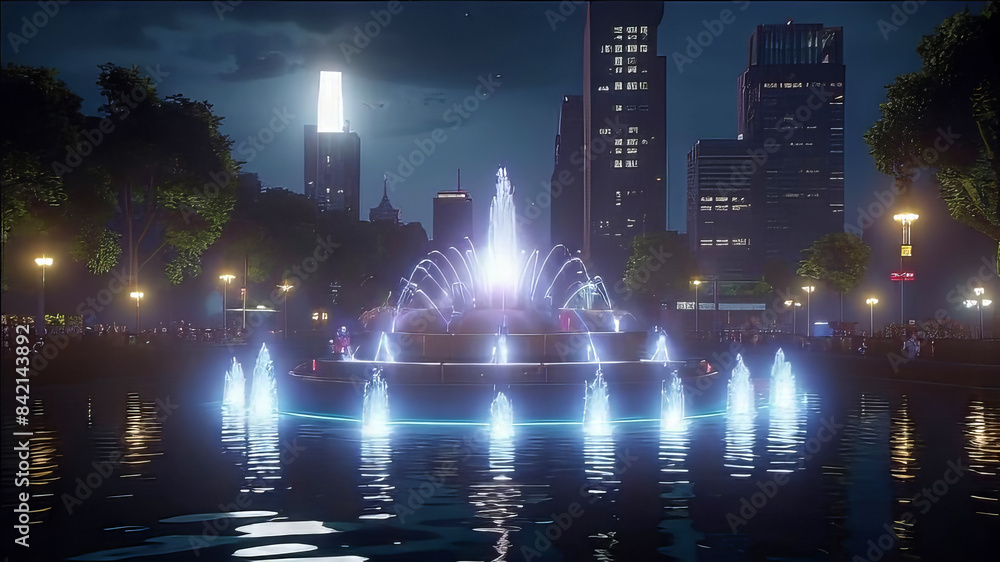 Obraz premium night city fountain with beautiful night illumination, night city, fountain in the city, city park,