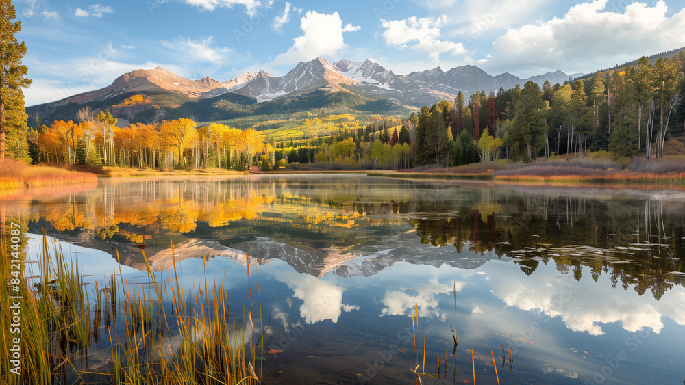 Fototapeta premium Fall Reflections: Autumn Lake with Mountain Landscape