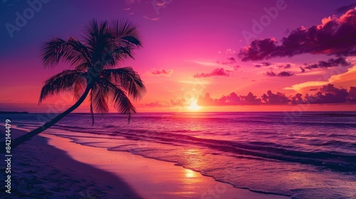 Enhanced Color Processing of Sunset over Beach with Elegant Palm Tree Silhouette