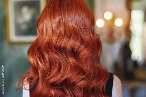 Hairdresser is showing the result of her work on a client with long beautiful red hair