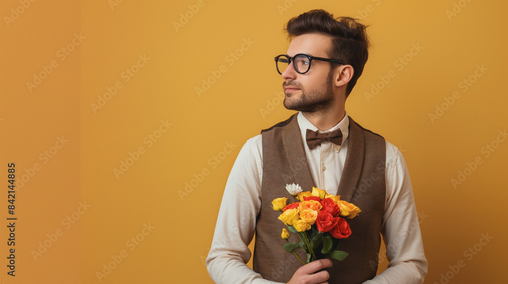 Half-body HDR shot of a well-dressed romantic man carrying a flowers against a mustard background. Radiates charm and thoughtfulness in a stylish setting Half-body HDR shot of a well-dressed romantic man carrying a flowers against a mustard background. Radiates charm and thoughtfulness in a stylish setting