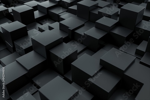 An abstract image featuring a collection of black geometric blocks arranged in a dynamic  three-dimensional composition