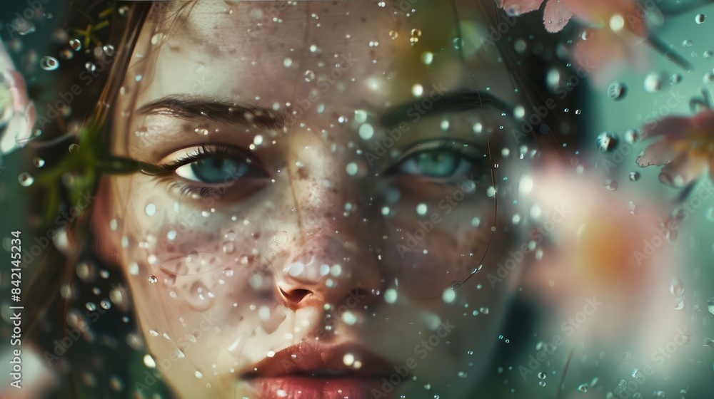 Close-up of a beautiful woman with beautiful eyes in the rain with flowers also falling. Close-up of a beautiful woman with beautiful eyes in the rain with flowers also falling.