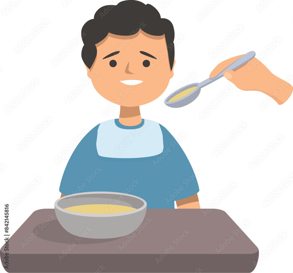 Happy child sitting at table and eating soup from spoon held by nurse Happy child sitting at table and eating soup from spoon held by nurse