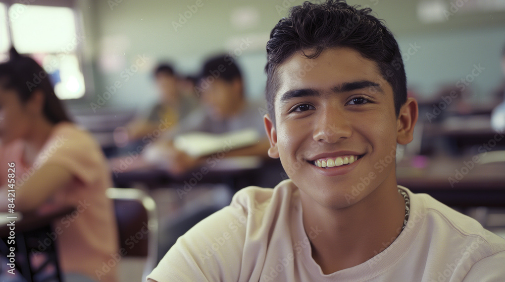 Latino male college student sitting a classroom smiling, student study in class, with copy space. lifestyle Latino male college student sitting a classroom smiling, student study in class, with copy space. lifestyle