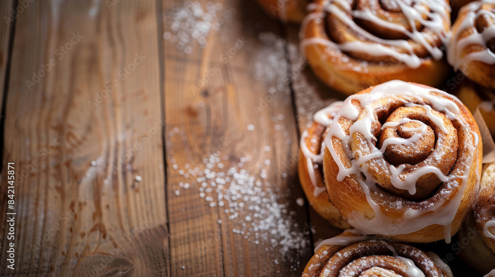 Cinnamon rolls with icing sugar on wooden table, close-up. Homemade dessert and baking concept Cinnamon rolls with icing sugar on wooden table, close-up. Homemade dessert and baking concept