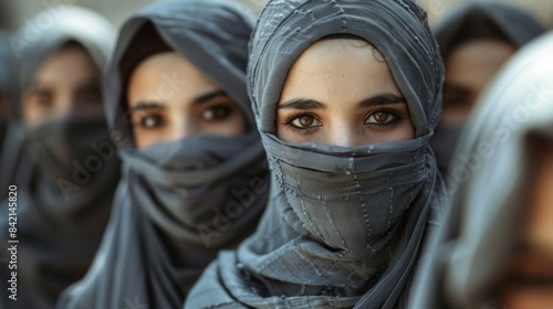 A group of women wearing veils stand together, woman's rights concept