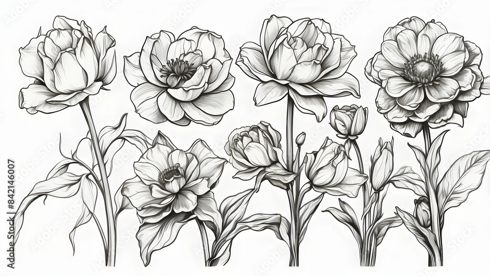This grayscale image features a meticulously detailed pencil drawing of different flowering plants, showcasing their unique beauty This grayscale image features a meticulously detailed pencil drawing of different flowering plants, showcasing their unique beauty