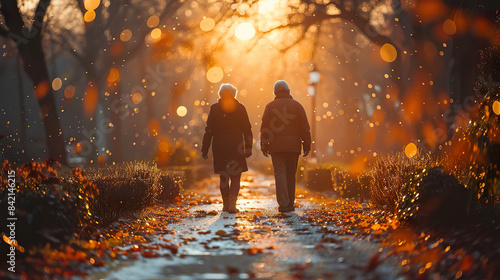 Senior couple strolls down autumnal path. Generated by AI © Avelino