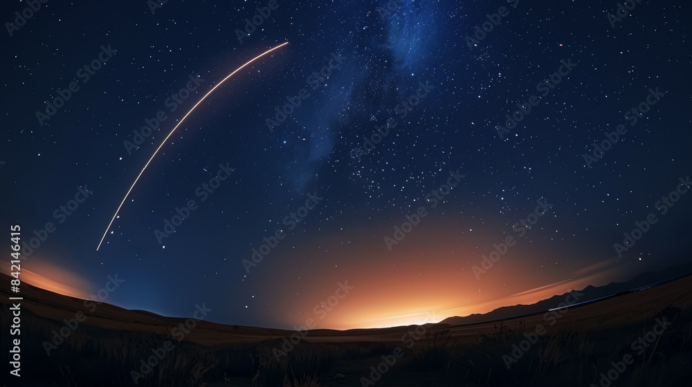 A starry night sky with a rocket flying through it, military missile A starry night sky with a rocket flying through it, military missile