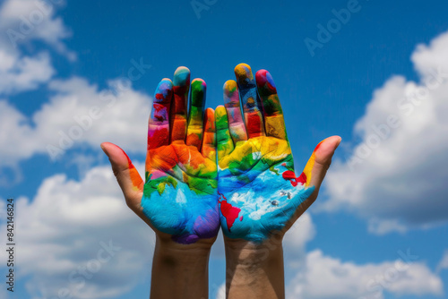 Challenging Norms: Fighting LGBT+ Stigma on a Global Scale. Hands Painted in LGBT Flag Colors