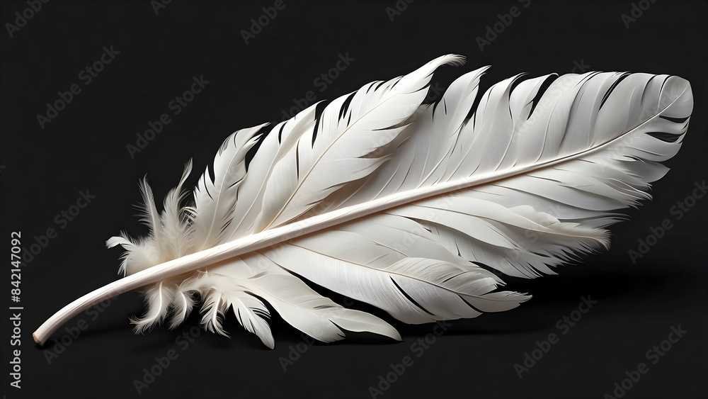 Obraz premium A highly detailed close-up of a white feather against a dark background, emphasizing texture and shape
