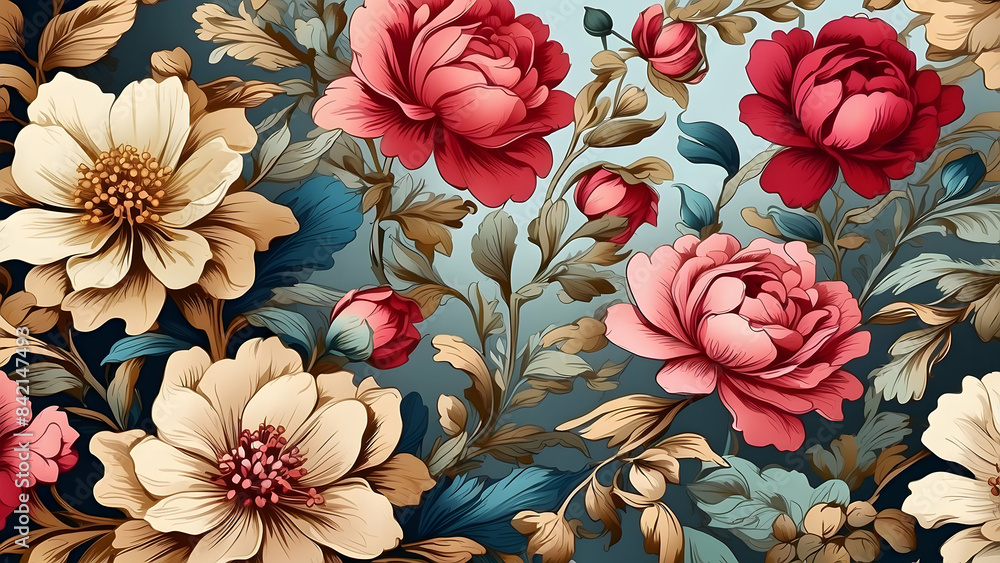 Fototapeta premium A beautiful wallpaper design featuring a pattern of large, vibrant flowers and elegant leaves against a dark background