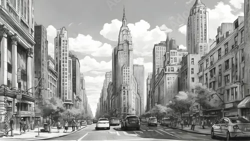 Obraz This image captures a bustling city street with skyscrapers and traffic in a monochrome tone, conveying a modern yet timeless feel