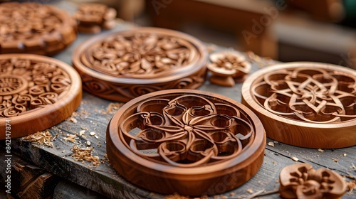 Set of Round handmade Celtic wooden mandala. Ornament Wood carving with beautiful woodworking.Set of Round handmade Celtic wooden mandala. Ornament Wood carving with beautiful woodworking.