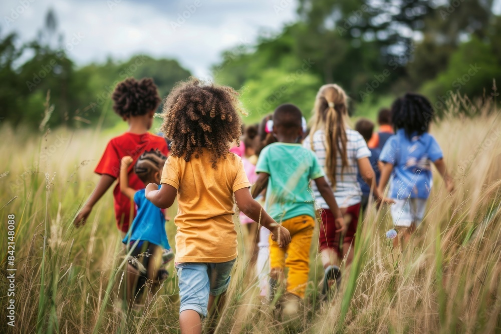 Group of kids playing together in the field at summer day. Selective focus. Group of kids playing together in the field at summer day. Selective focus.