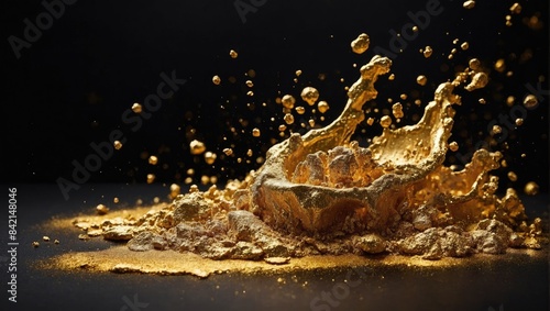 A splash of gold glitter liquid is being splashed with water and black background. photo