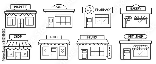 Shops and stores doodle icon set. Ecommerce market, retail shop, bakery, cafe, pharmacy in sketch style. Hand drawn vector illustration isolated on white background