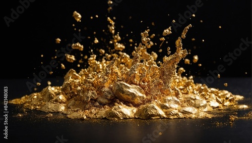 A splash of gold glitter liquid is being splashed with water and black background.