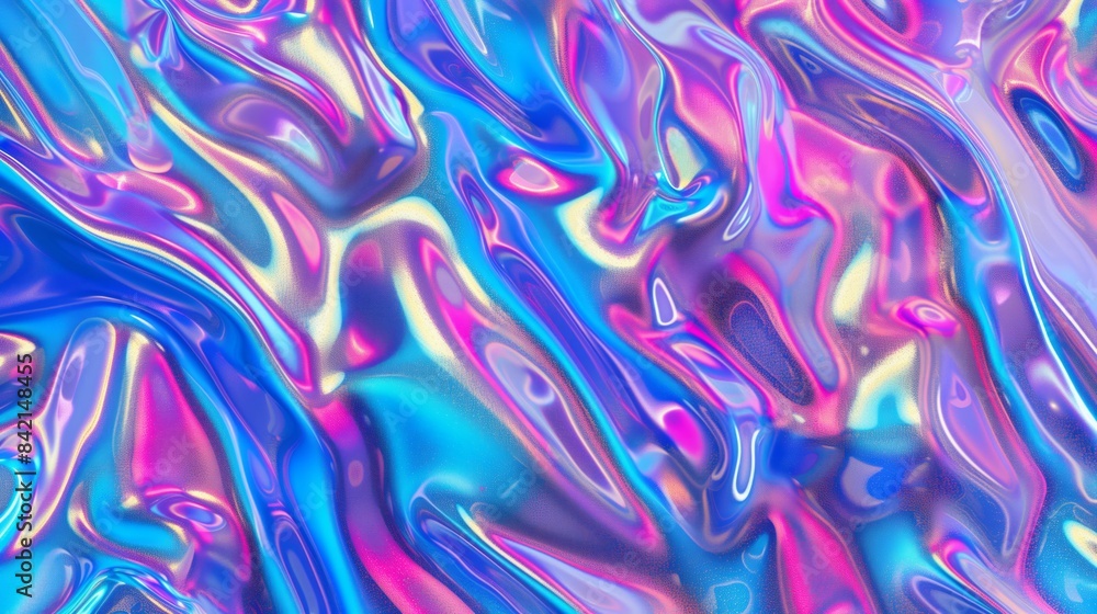 Fototapeta premium Grainy iridescent holographic gradient background. Psychedelic colourful pattern for your business and brand. Trippy moving water glossy texture